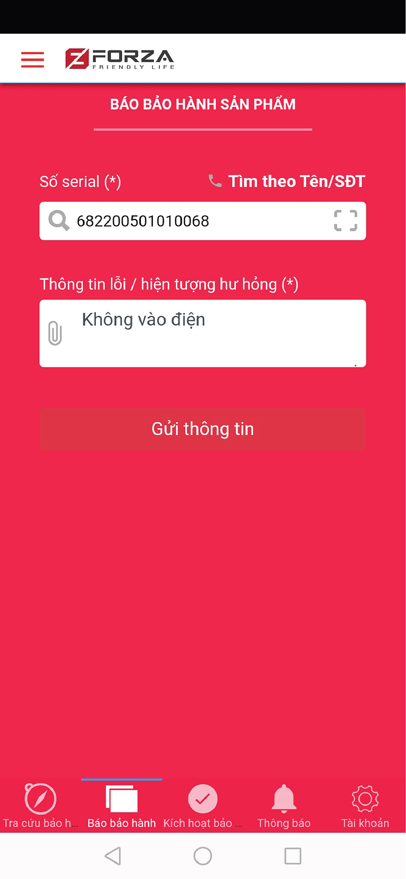 điền thông tin báo bảo hành